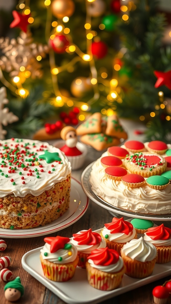 A variety of Christmas desserts including a frosted cake, cookies, and cupcakes decorated for the holidays.